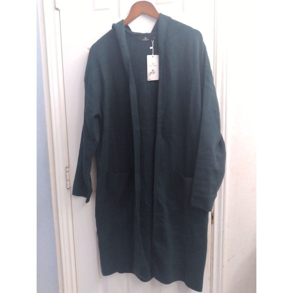 Hooded Duster Cardigan Open‎ Front Pockets Long Sleeve Green Size Unknown